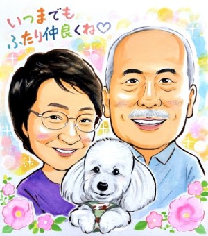 ご夫婦と犬の似顔絵