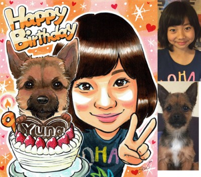 犬とケーキがかわいらしく描かれた誕生日似顔絵