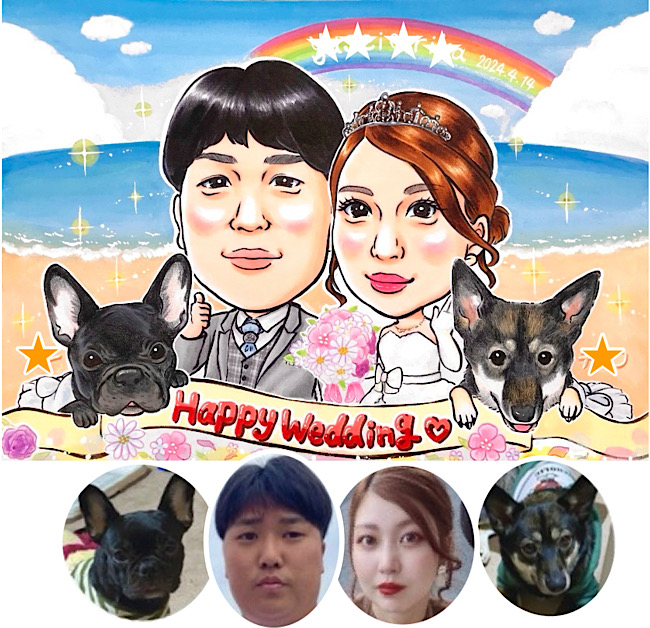 ウェディング似顔絵サンプル21 - Sai - 海と犬と一緒のA3サイズ