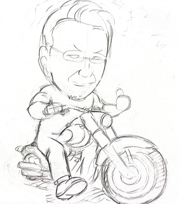 還暦祝い似顔絵・バイクに乗ったイラスト（ラフスケッチ）