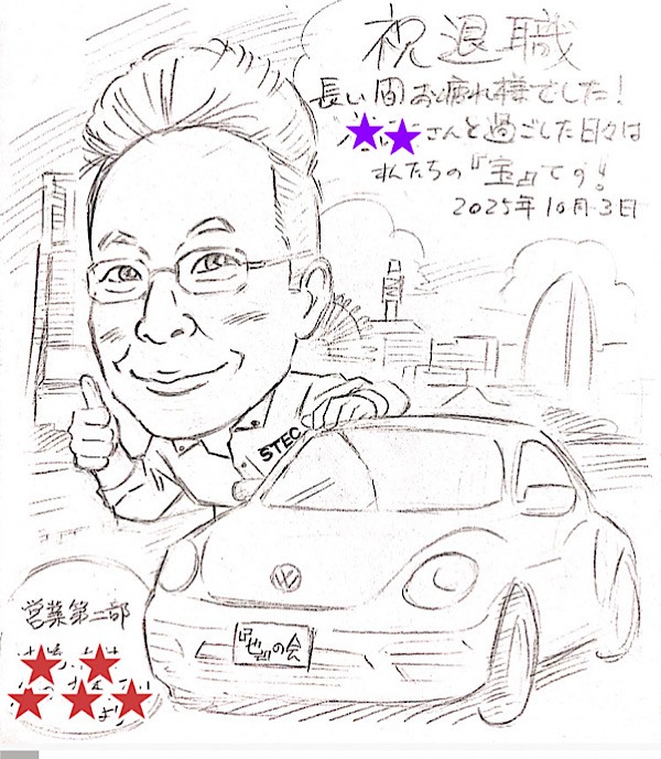 車に乗った退職祝い似顔絵（下描き）