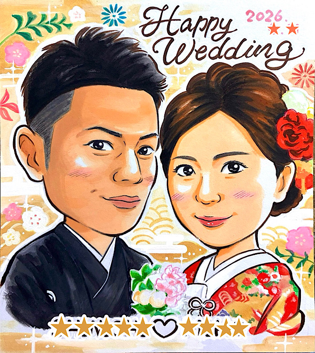 色紙サイズの和装ウェディング似顔絵(完成品)